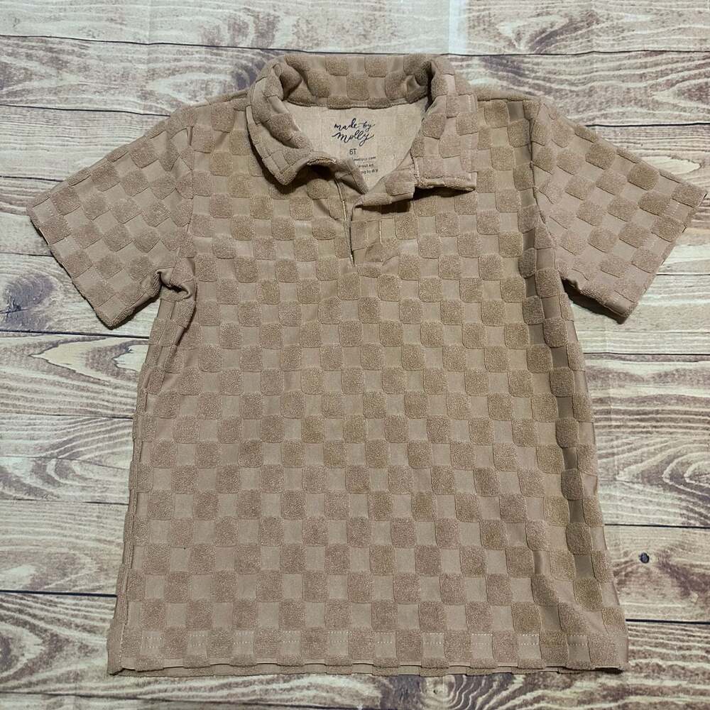 Made by Molly Kids 6T Tan Checkerboard Textured Jacquard Terry Polo Shirt